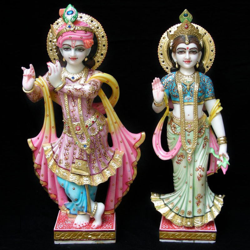 Hindu Worship Painted Marble Radha Krishna Statue